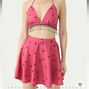 NWT CIDER Mini Skirt and Halter Top Beaded Set Coral Pink Size Small